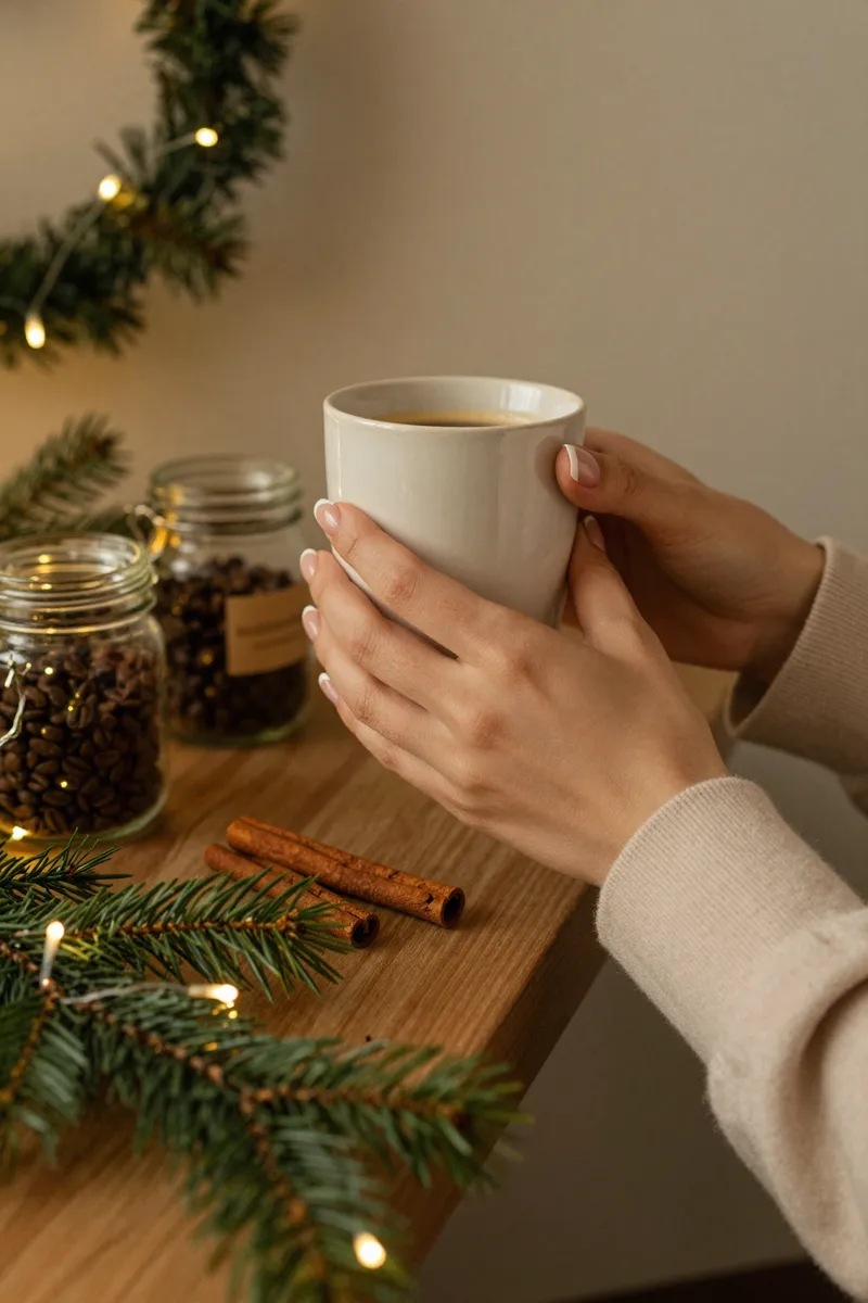 A wooden counter with pine garland, warm fairy lights, cinnamon sticks, a jar of coffee beans and a hand holding a white mug